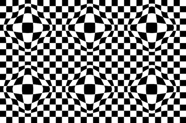 Illusione ottica a scacchi vettore astratto sfondo senza soluzione di continuità, modello in bianco e nero, piastrelle della scacchiera con volume sferico psichedelico, correttore geometrico op art.