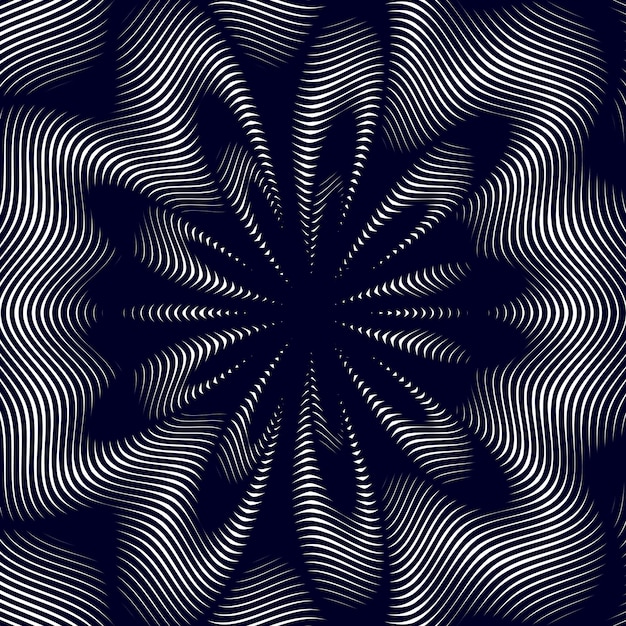 착시, 물결 무늬 벡터 배경, 추상 줄 지어 흑백 타일링. 시각 효과가 있는 특이한 기하학적 패턴입니다.