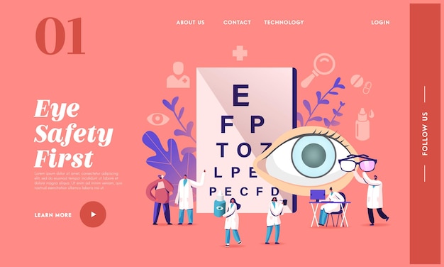 Opticien examen voor glaucoom behandeling bestemmingspagina sjabloon. Oogarts Arts Karakter Controleer Gezichtsvermogen voor Brillen Dioptrie. Oogarts met Checkup Eye Sight. Cartoon mensen vectorillustratie