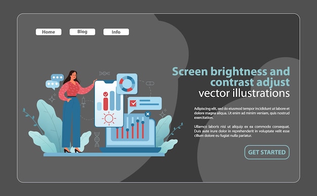 Vector optimal screen settings illustration a woman adjusts a displays brightness and contrast highlighting