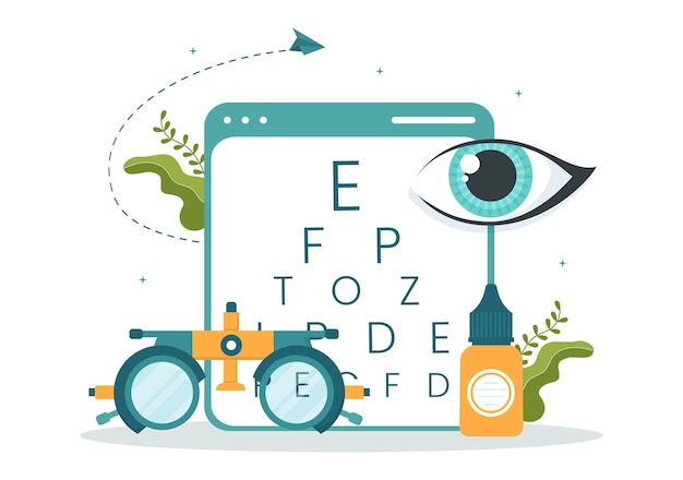 Optometrist met oogarts controleert het zicht en de bril van de patiënt in de hand getekende illustratie