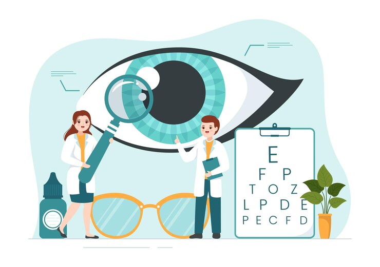 Vector optometrist with ophthalmologist checks patient sight and spectacles in hand drawn illustration