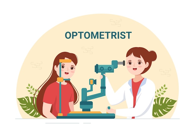 Оптометрист с офтальмологом проверяет зрение пациента и очки на нарисованной вручную иллюстрации