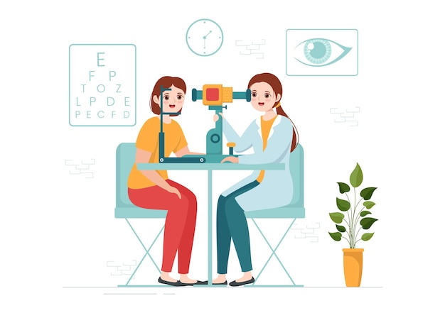 Optometrist with Ophthalmologist Checks Patient Sight and Spectacles in Hand Drawn Illustration