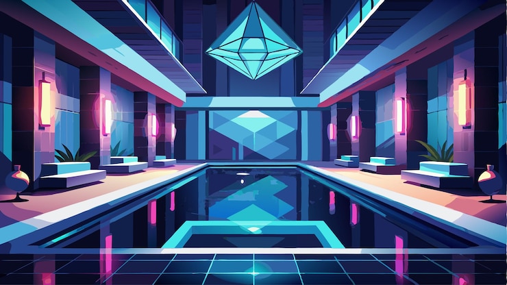 Vector opulent indoor pool with glowing diamond inlays and sleek black design