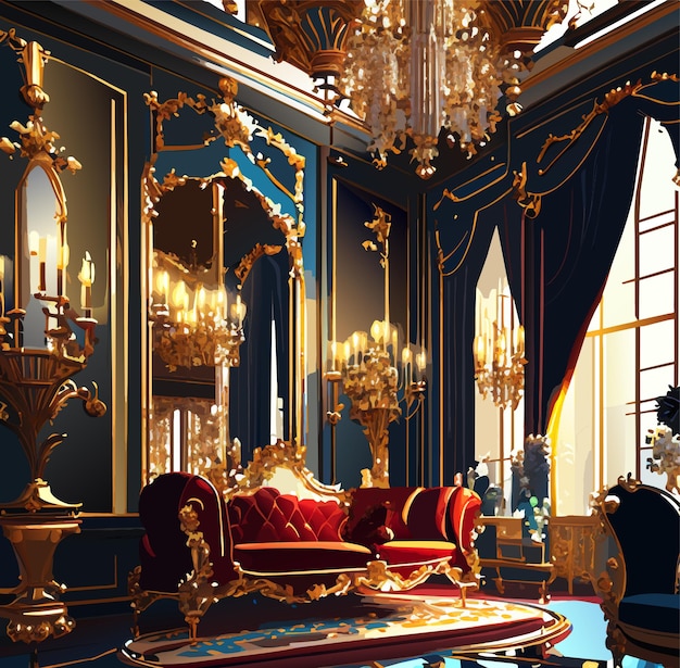 Vector opulent victorianera living room with velvet curtains and grand chandelier