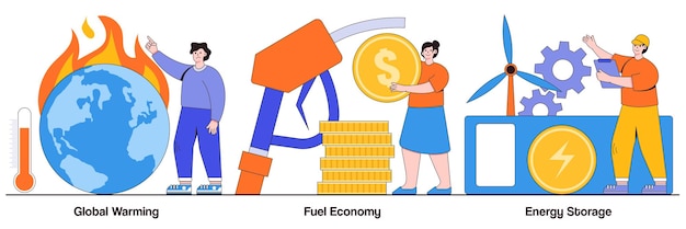 Opwarming van de aarde, brandstofverbruik, energieopslagconcept met mensenkarakter. Broeikaseffect, klimaatverandering, aardolie-industrie, elektrische elektriciteitscentrale abstracte vector illustratie set.