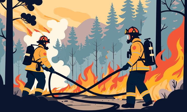 Vector opwarming van de aarde veroorzaakte bosbranden in 2d platte vectorillustratie