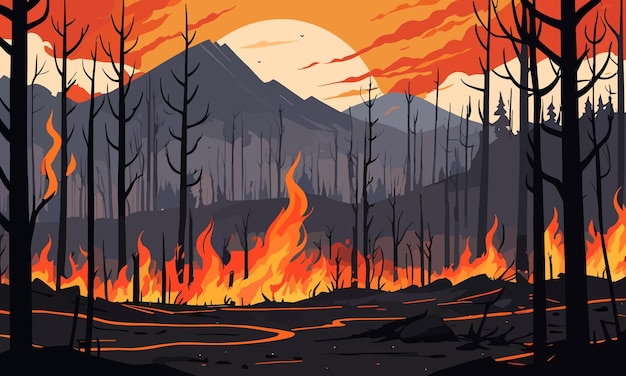 Vector opwarming van de aarde veroorzaakte bosbranden in 2d platte vectorillustratie
