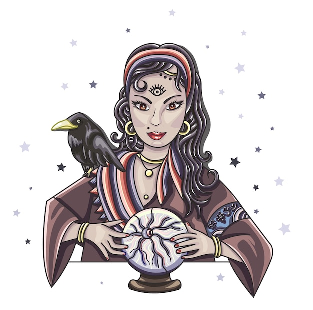 Vector the oracle girl predicts the future on a magic ball zodiac signs vector illustration