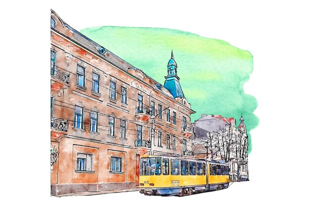 Oradea Roemenië aquarel hand getekende illustratie geïsoleerd op een witte achtergrond