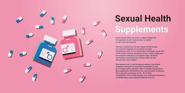 勃起用の経口避妊薬の青とピンクの丸薬経口避妊薬コンセプト予防HIVとエイズアイテムリラックスセックスとウェルネスコピースペース水平ベクトルイラスト