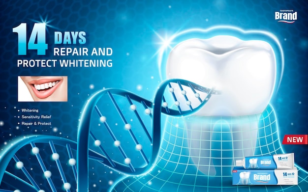 Oral health ads, toothpaste product ad with tooth protected by invisible coat with glitter dna structure in 3d illustration