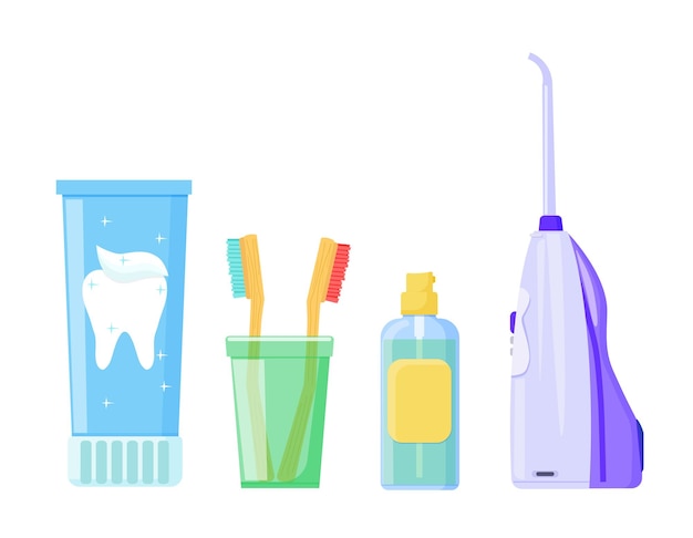 口腔衛生製品、ウォーターピック、歯ブラシ、ペースト。ベクター
