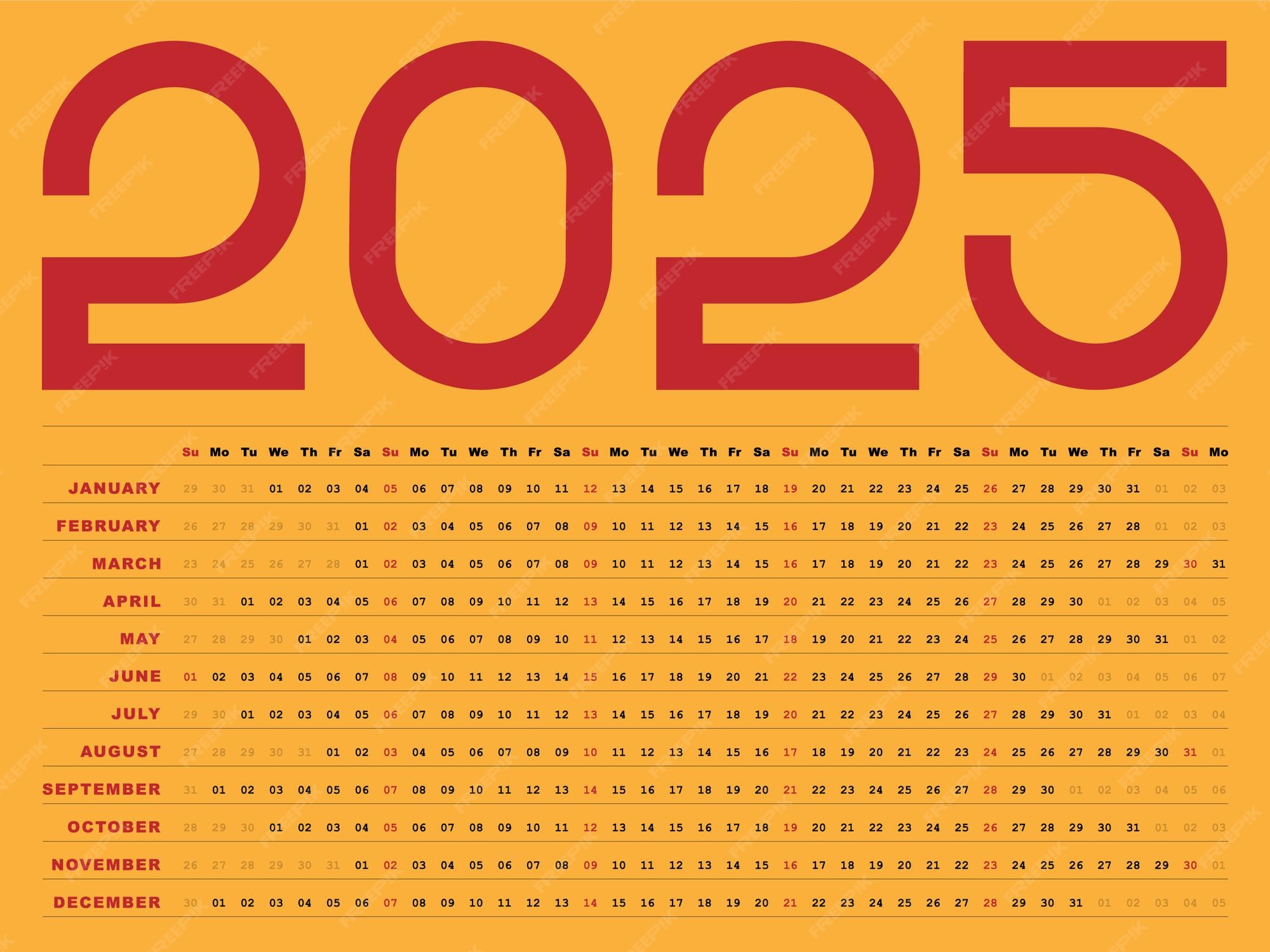 Premium Vector Orange 2025 calendar horizontal design