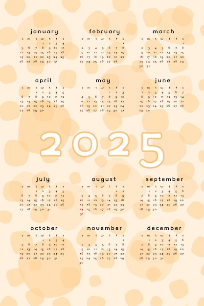 Orange 2025 calendar template Vertical format abstract background with hand drawn spot blob blot Calendar design for print and digital Week starts on Sunday