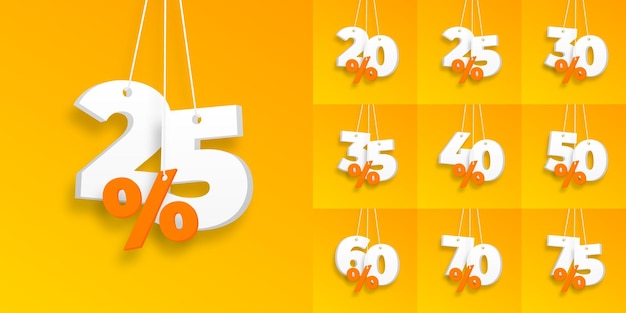 Orange 3d vector percentage sale banners set 25 30 40 50 70 75 discounts