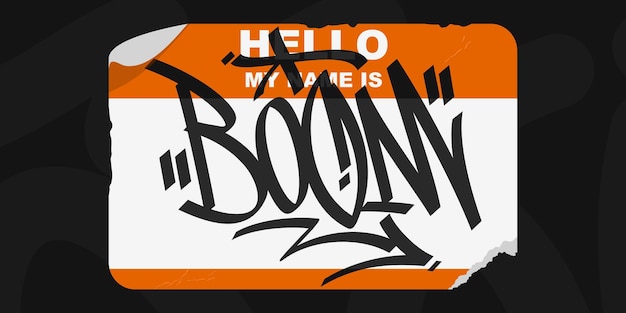 Orange abstract flat graffiti style sticker hello my name is with some street art lettering