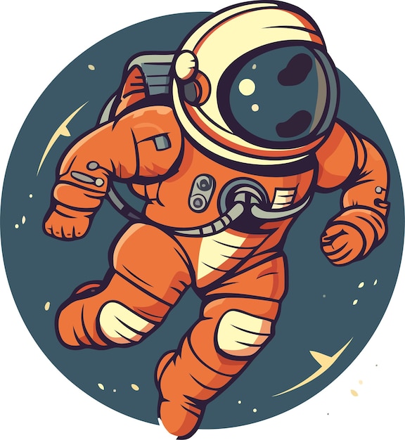 背景に黒い円が描かれたオレンジ色の宇宙飛行士。