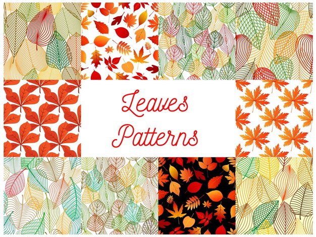 Orange autumn fallen leaves seamless patterns set