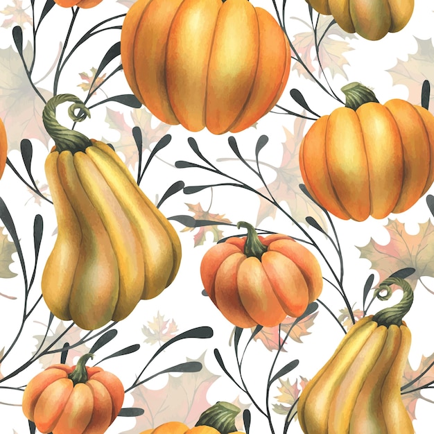 Orange autumn pumpkins with maple leaves and branches Watercolor illustration hand drawn Seamless pattern on a white background