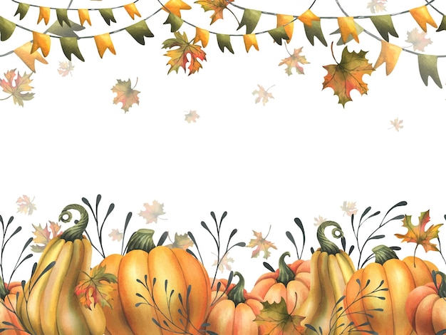 Orange autumn pumpkins with maple leaves flags garland and twigs Watercolor illustration hand drawn Seamless board on a white background