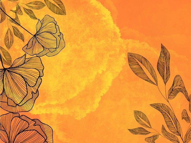 Vector orange background with ink drawing of flowers and leaves