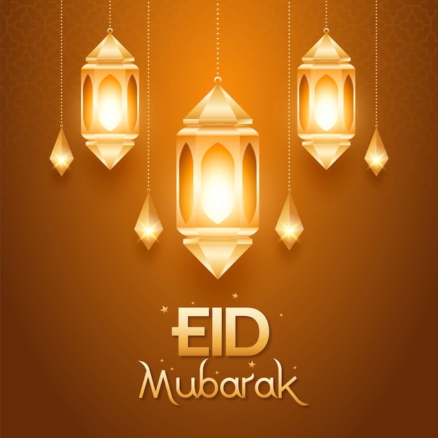 An orange background with lamps for eid mubarak and the words eid mubarak