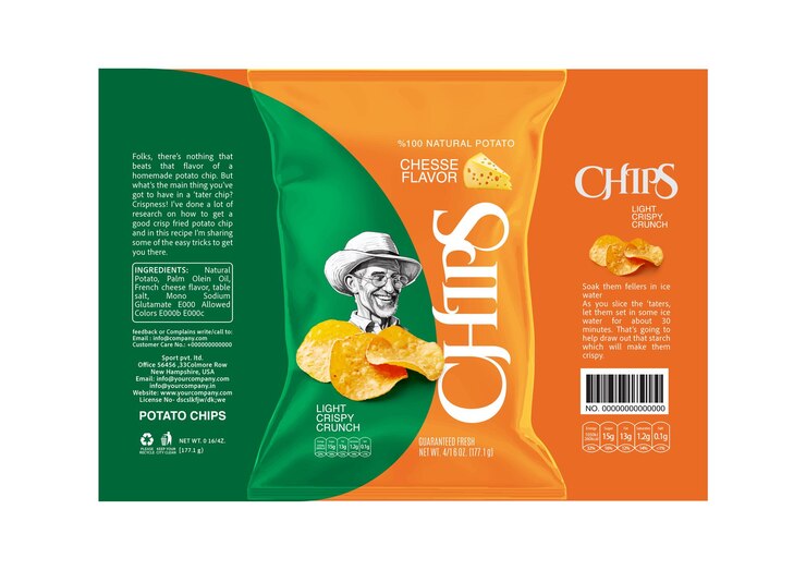 Vector an orange bag of chips with a mans face on it