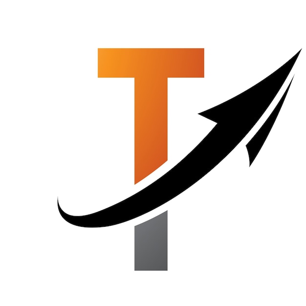 Orange and Black Futuristic Letter T Icon with an Arrow on a White Background