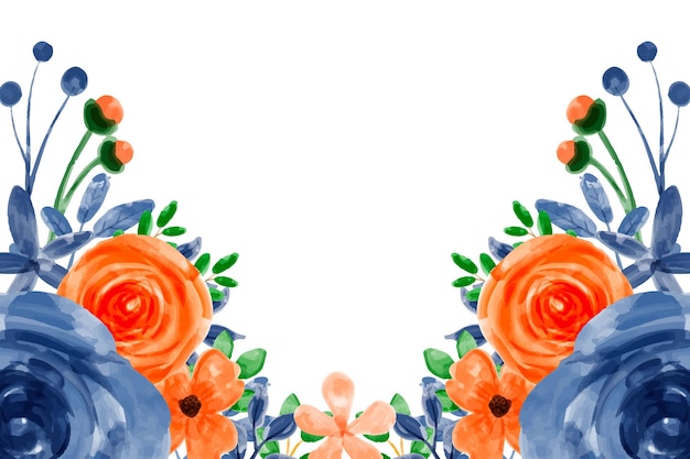 オレンジ色の青い花の背景と水彩