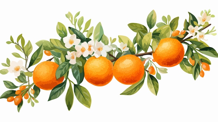 Vector orange branch with leaves fruit and flowers isolated