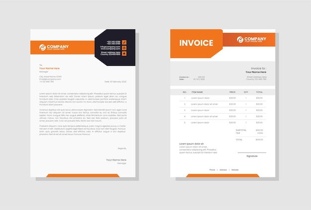 Orange business stationery letterhead and invoice template