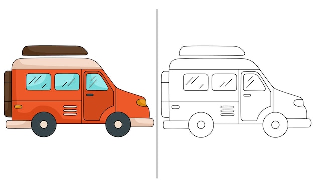 Vector orange camper van childrens coloring book