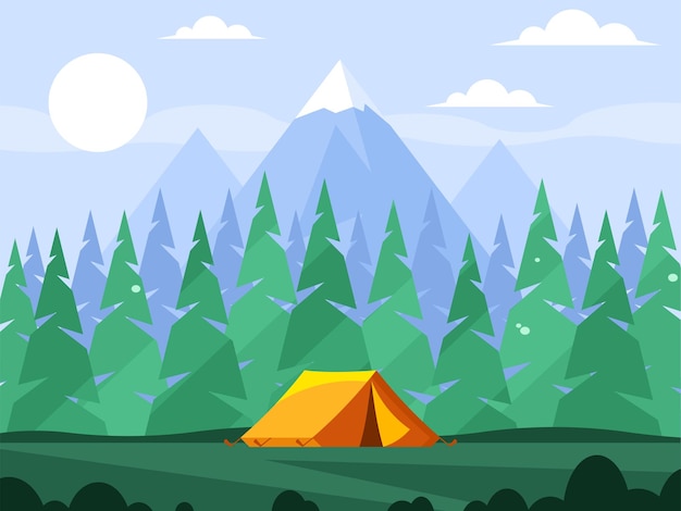 orange camping tent background with coniferous forest of fir trees and mountain range vector