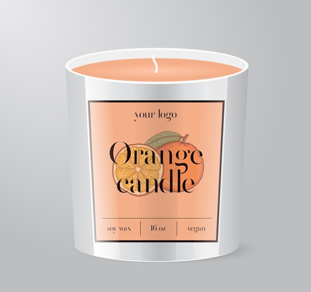Modello di etichetta della candela arancione imballaggio della tazza di vetro isolato