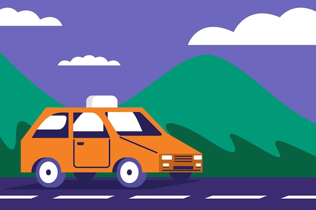 オレンジ色の車が山と雲を背景に道路を走っている