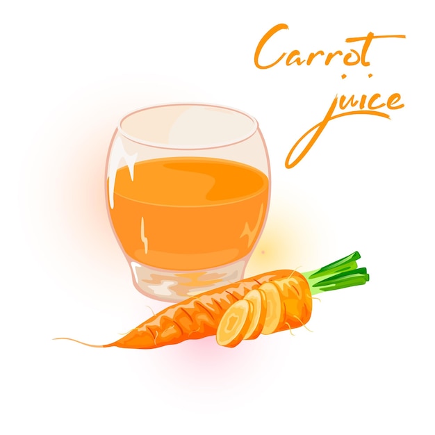 Orange carrots, whole and cutted to disks are near glass of juice