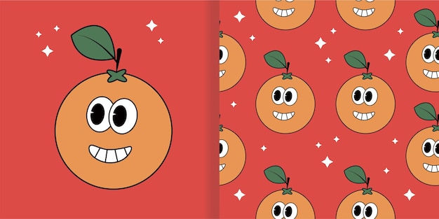 Оранжевый мультяшный комический персонаж с бесшовным рисунком. Векторная иллюстрация в стиле ретро каракулей.