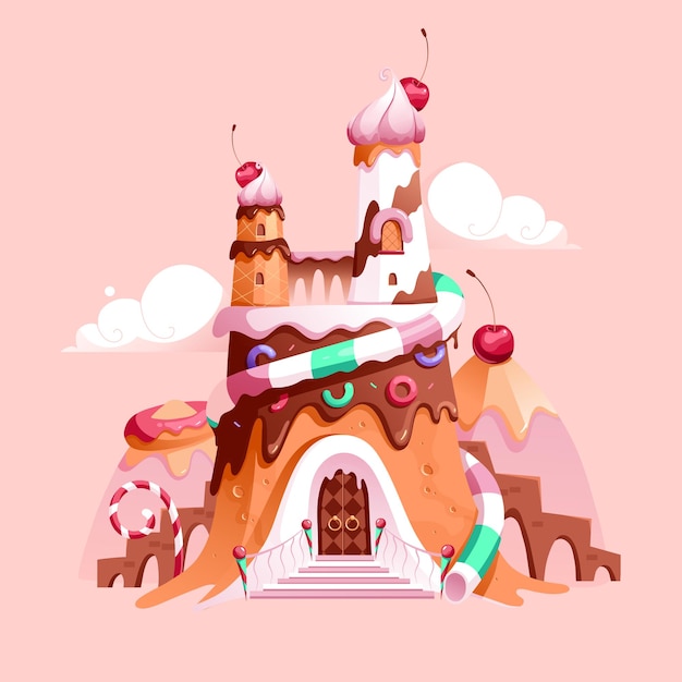 Orange cartoon gingerbread castle illustration