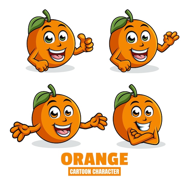 Orange cartoon mascot characters in differnt poses vector illustration set