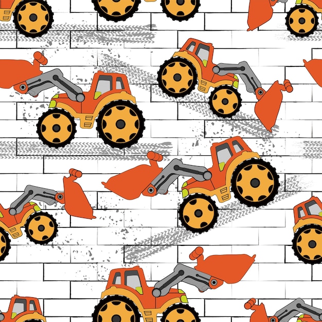 Orange cartoon tractor on bricks background tire track and spray effect on white background