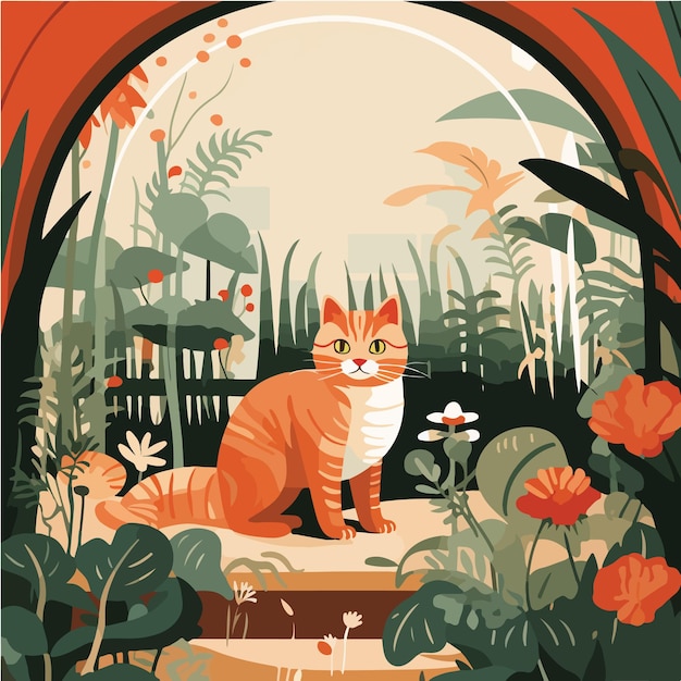 Orange cat on a small platform among the plants