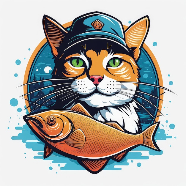 Orange cat with a fish vector illustration