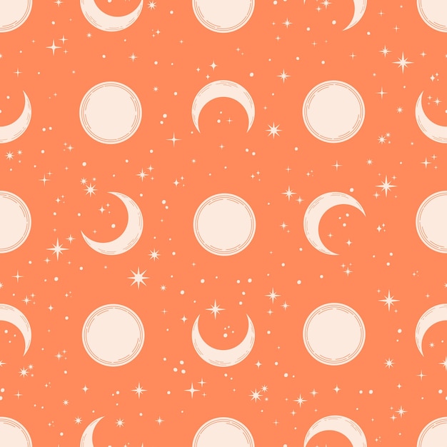 Orange celestial seamless pattern with pink moon.