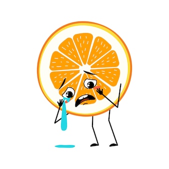 Personaggio arancione con emozione di pianto e lacrime, faccia triste, occhi depressi, braccia e gambe. persona fetta di agrumi con espressione malinconica, emoticon di frutta.