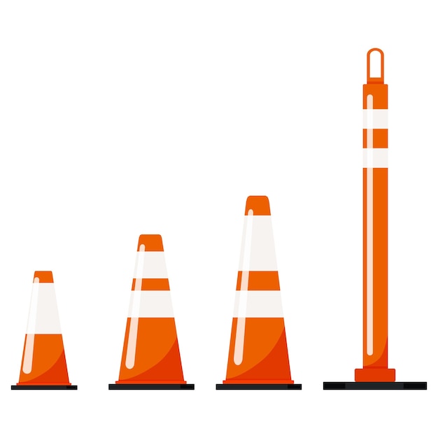 オレンジ色のプラスチック製道路交通コーンセットは、白い背景で隔離。反射ストライプステッカー付きの警告記号。ベクトルフラットデザインアイコンイラスト。