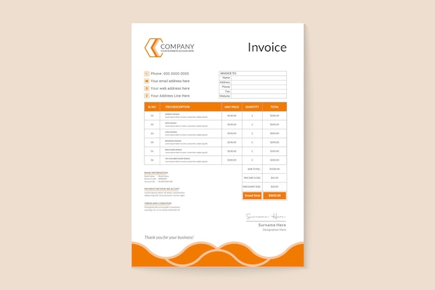 Orange color wave style payment receipt invoice template