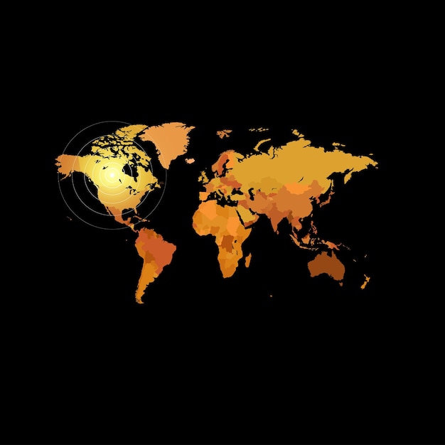 Orange color world map on black background Globe design backdrop Cartography element wallpaper Geographic locations image Continents vector illustration