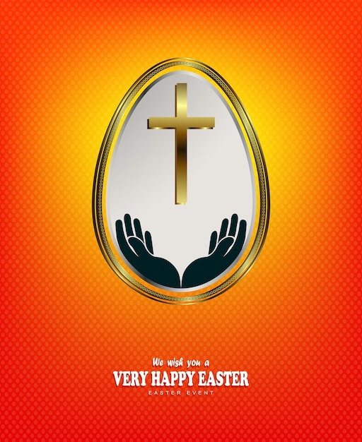 Orange composition with a silhouette of a white egg with a cross and a golden border